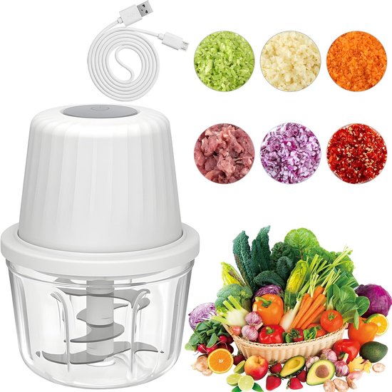 Hakmolen Elektrische - USB - 400ml - 6 Messen - Elektrische Uiensnijder - Hakmolen - Multifunctionele Snijder - Mini Portable Chopper - Babyvoeding Blender - Geschikt Voor Het Maken Van Fruit- En Groentepurees, Gehaktballen En Babybijgerechten - Wit