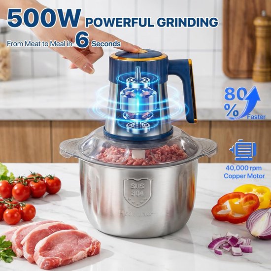 Hakmolen - Hakmolen electrisch - Hakmolen Elektrisch - Elektrische hakmolen - Vleesmolen - Multifunctionele hakker - 5L - 500W - 5 snelheidsniveaus - RVS - Vlees - Groenten - Fruit - Blauw van Merkloos