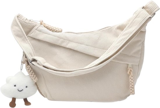Half Moon Crossbody Bag voor Dames - Grote en Kleine Rugzak in Beige Corduroy - 35 x 22 x 7 cm, Stijlvol en Ruim