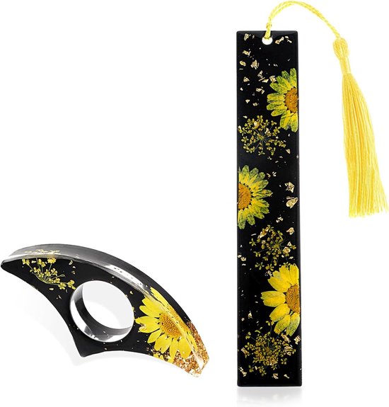 Handgemaakte Boekenlegger Set met Gedroogde Bloemen, Inclusief Duim Boekenhouder en Boekopener, Perfect voor Boekliefhebbers en Cadeaus (Geel) van Merkloos