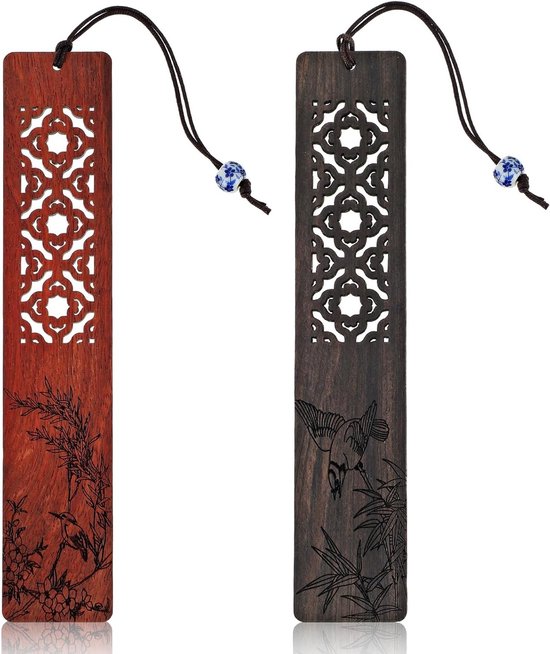 Handgemaakte Houten Boekenleggers - 2 Stuks Vintage Boekenleggers met Bloemen en Vogelpatronen voor Lezers en Boekenliefhebbers van Merkloos