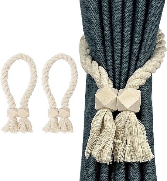 Handgeweven Katoenen Gordijnhouders in Beige - 2 Stuks - Magnetische Gordijnclips voor Woonkamer, Slaapkamer en Keuken van Merkloos