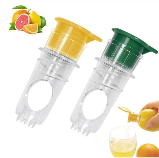 Handige Citroenpers – 2 Stuks – Citroenpers met schroefdop – BPA-Vrij – Met Schenktuit – Gezond & Duurzaam – Citrus Pers – Eenvoudig te Gebruiken – Schoon te Maken – Geschikt voor Citroen, Sinaasappel, Lime & Grapefruit – Geel & Groen van Merkloos