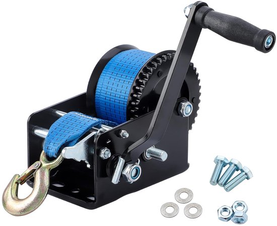 Handlier lier lier met 10 m polyester kabel, 1365 kg - 4:1 8:1, handmatige kabellier bootlier, incl. veiligheidslasthaak met veiligheidsklep - Blauw - Handmatige bootlier met handslinger, 2 versnellingen 4:1 8:1, voor aanhanger, boot, terreinwagen