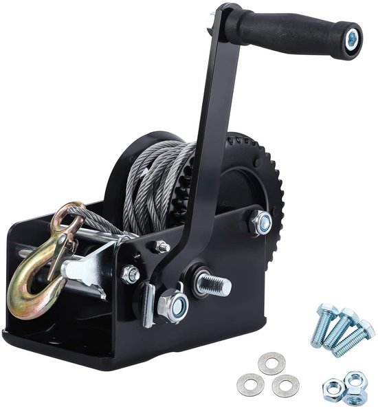 Handlier lier lier met 9,5 m draad lier boten lier, 1365 kg | 4:1 8:1 handmatige kabellier bootlier, incl. veiligheidslasthaak met veiligheidsklep - Zwart | Handlier met rem, incl. veiligheidslasthaak met veiligheidsklep, handslinger met softgrip