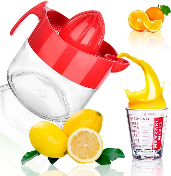 Handmatige citroenpers - glazen sinaasappelsapcentrifuge - 300 ml inhoud - cadeau 30 ml maatbeker - eenvoudig sap verwijderen - zeer resistent - rood