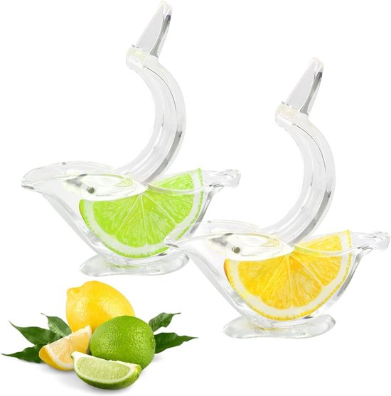 Handmatige citroenpers (set van 2), van acryl, draagbare en transparante fruitpers, elegant vogelvormig ontwerp, geschikt voor het handmatig persen van sinaasappels, limoenen, granaatappels en ander fruit.