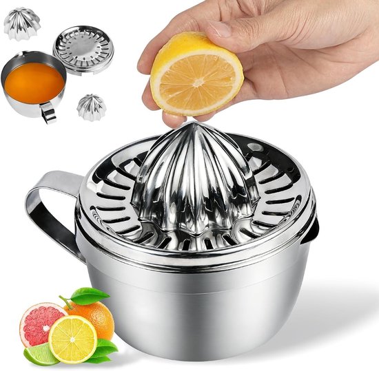 Handmatige Citrus Juicer van Roestvrij Staal met 500 ml Container en 2 Accessoires - Draagbaar, Vaatwasserbestendig en Roestvrij voor Citroen, Limoen, Sinaasappel en Grapefruit