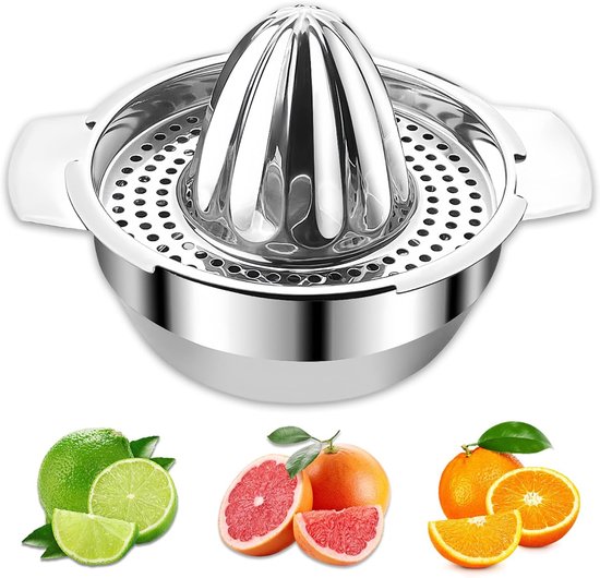 Handmatige citrus-/sinaasappelpers van roestvrij staal – Met opvangbak – Geschikt voor citroenen, sinaasappels en diverse citrusvruchten – Vaatwasserbestendig – 16,5 x 16,5 x 11,5 cm