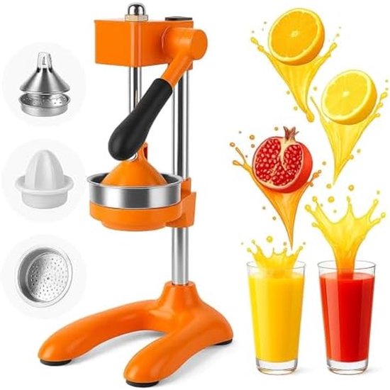Handmatige Citruspers - Aanrecht Sapper - Vers Sap Maken - Zwaar Gietijzeren Frame - 120mm Diameter - Oranje