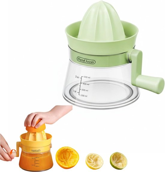 Handmatige Citruspers – Met draaihendel – Handpers met grote capaciteit (500 ml) – Geschikt voor citroenen, sinaasappels, limoenen en grapefruits – Maximaliseert de sapopbrengst – Ergonomische handgreep – Maakt moeiteloos persen mogelijk – Groen