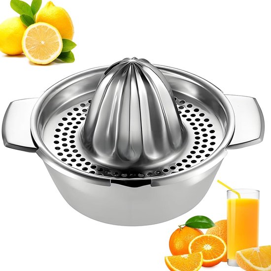 Handmatige Citruspers met Houder, Robuuste Rvs Lemon Squeezer, Ideaal voor Sinaasappels en Limoenen, Vaatwasserbestendig en Duurzaam Keukenaccessoire