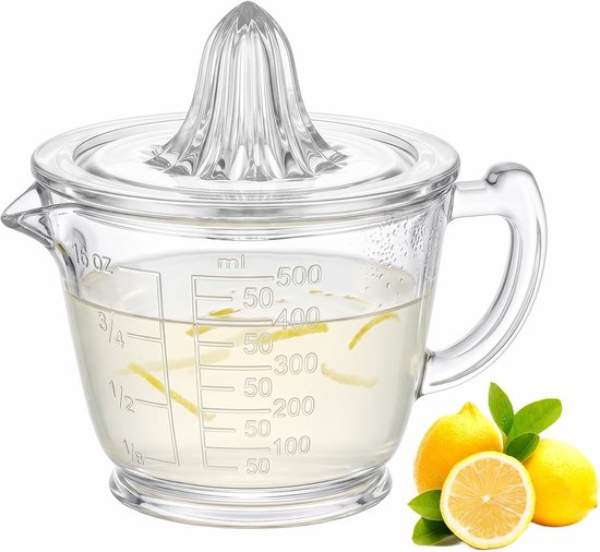 Handmatige citruspers van glas met maatbeker van 500 ml, BPA-vrij en vaatwasmachinebestendig voor citroen, limoen en sinaasappel