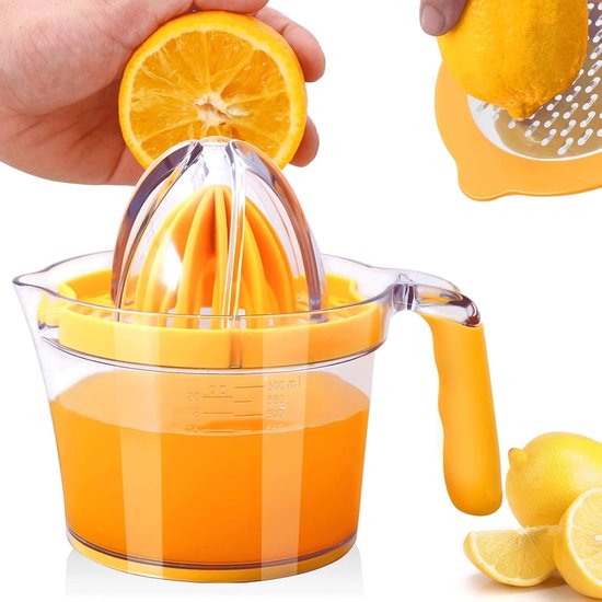 Handmatige citruspers voor citroenen en sinaasappels, met geïntegreerde doseerder, rasp en eierdooierafscheider. Antislip siliconen handgreep en inhoud van 590 ml.