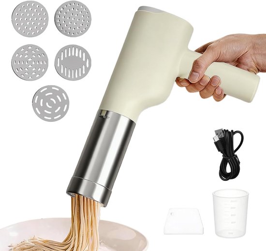 Handmatige Elektrische Pastamaker, Draadloze Noodle Maker met 5 Persmallen voor Thuisgebruik, Ideaal voor Verse Pasta en Makkelijk Koken