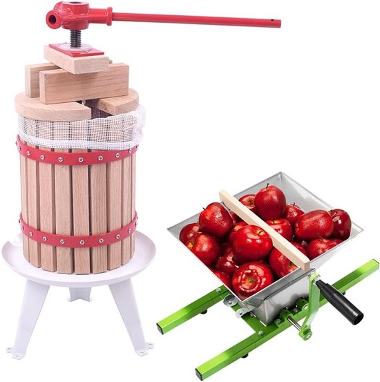 Handmatige Fruitpers 6L & Fruitmolen 7L Complete Set - Hout en RVS - Persdoek, Drukplaat en Metalen Spindel- Voor Wijn, Cider, Appels en Bessen - NAIZY