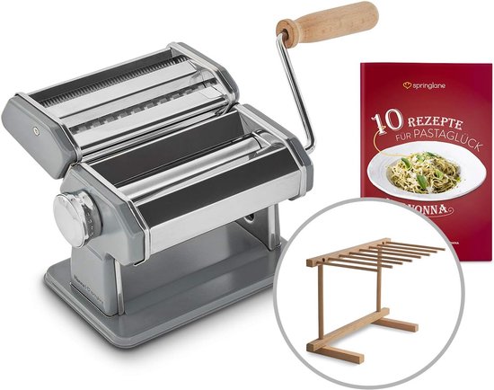 Handmatige noedelmachine Nonna, roestvrij staal, pastamaker incl. receptenboekje, pastadroger en 3 snijopzetstukken voor spaghetti, lasagne, tagliatelle - grijs van Springlane