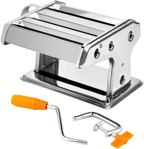 Handmatige pastamachine met 3 instelbare diktes, 2-in-1 pastamachine en klem voor verse spaghetti, pasta, lasagne, roestvrij staal, cadeauset (03)