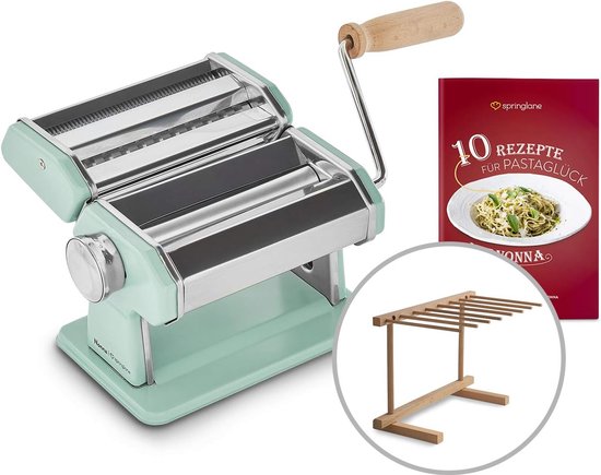 Handmatige pastamachine, roestvrij staal, inclusief receptenboekje, pastadroger en 3 snijopzetstukken voor spaghetti, lasagne, tagliatelle - mint van Marcato