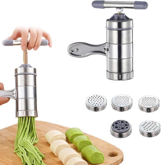Handmatige pastamachine van roestvrij staal - Draagbare spaghettimachine met 5 vormen - Vers pastamachine voor thuis of restaurant 18x135x9 cm van Emerio