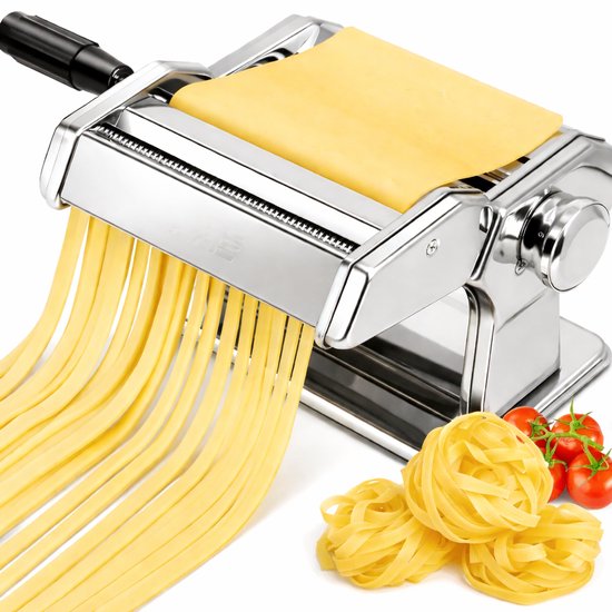 Handmatige Pastamachine van Roestvrijstaal – Professionele Pastamaker met 7 Instelbare Diktes voor Spaghetti, Fettuccine en Lasagne – Pasta Machine met Roller en Snijmes