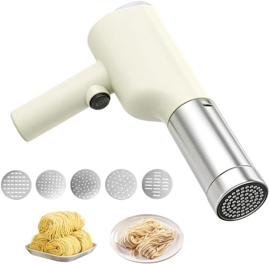 Handmatige Pastamaker, Draadloze Pasta Machine met 5 Persmallen, Draagbare Oplaadbare 40W Pastamaker voor Spaghetti en Fettuccine Maken van Merkloos