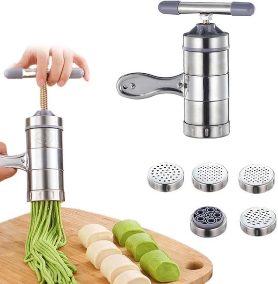 Handmatige Pastamaker van RVS, Draagbare Spaghetti Machine met 5 Mallen voor Versgemaakte Pasta, Ideaal voor Thuis of Restaurant, 18 x 13.5 x 9 cm