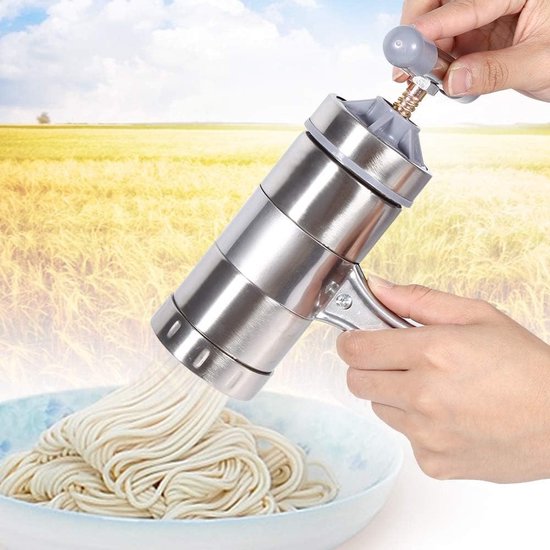 Handmatige Pastamaker van RVS met 5 Vormen, Roestvrij en Corrosiebestendig, Perfect voor Thuis en Professioneel Gebruik