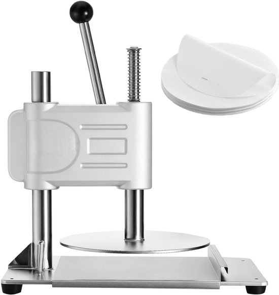 Handmatige pizzadeegpers- 9-5 inch pizzadeegpersplaat- roestvrijstalen broodpers- commerciële chapati-deegmaker- vormmachine met handvat en 100 stuks bakpapier.