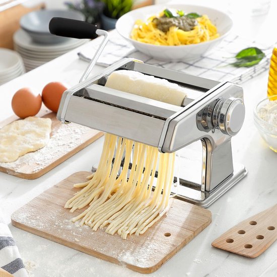 Handmatige verse pastamachine, roestvrijstalen lamineermachine, 3 rollen, dikte verstelbaar, 8 niveaus, spaghetti tagliatelle lasagne, 21 × 13,5 × 19,5 cm
