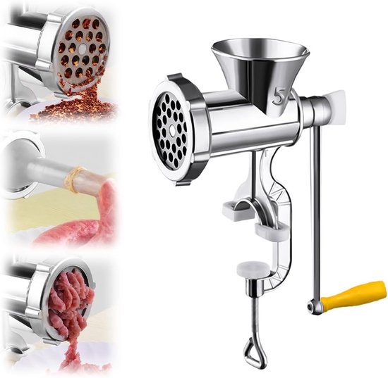 Handmatige vleesmolen - Gehaktmolen met klem tafelbevestiging - met trechter - Handmatige vleesmolen aluminium - worstmaker en hamburgervuller - voor vlees & worst - keukengereedschap - voor rundvlees, paprika en champignons