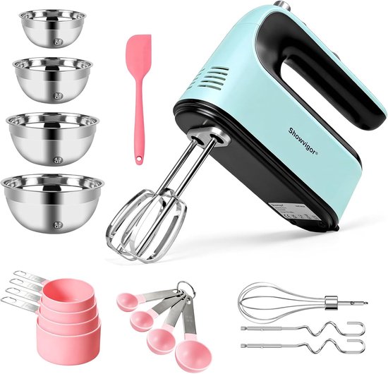Handmixer 300W - 5 snelheden - blauw - compleet met roestvrijstalen accessoires - ShopVlot