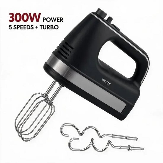 Handmixer 300W – 5 Snelheden + Turbo – Elektrische Mixer met Gardes en Deeghaken – Zwart