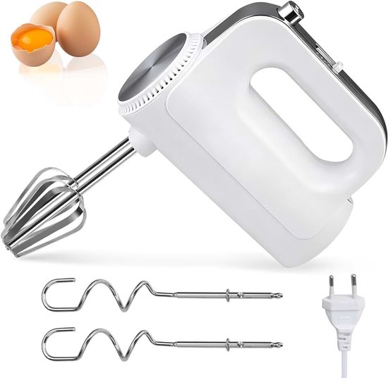 Handmixer, 400 W, handmixer met 5 snelheden en turbofunctie, handmixer, stille werking, zonder spuiten, elektrische garde van roestvrij staal voor roeren, mixen, bakken in de keuken, wit