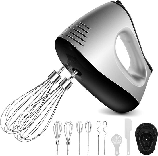 handmixer 500 W met 5 standen en turbofunctie | Handmixer met 2 kloppers 2 deeghaken 2 ballongardes eierscheider spatel en standaard voor eieren en slagroom