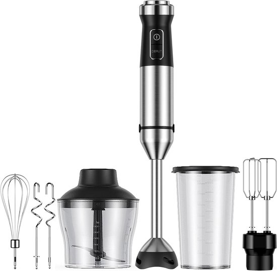 Handmixer 6-in-1 - Staafmixer Blender - Keuken Assistent - Krasbestendige Bladen - 1000 Watt - Roestvrij Staal