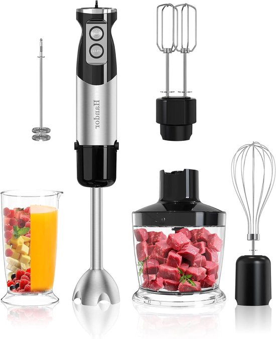 Handmixer 6-in-1 - Staafmixer Keukenmachine - Eten Bereiden - 1000W Krachtige Motor - 600 ml Beker - Zilver