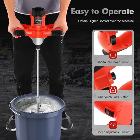 Handmixer Cementmixer - 1500 W Vermogen - 6 Snelheden - 34,8 Inch Lengte - Rood - Professionele Mortelmixer