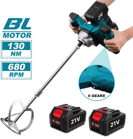 Handmixer Draadloos - 1700 W Vermogen - 6 Snelheden Instelbaar - M14 Mengkop - Blauw - Elektrische Roermachine