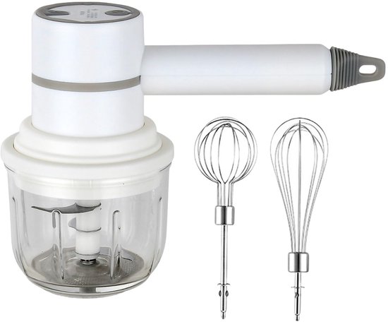 Handmixer Elektrisch - Hakmolen - Uiensnijder - Keukenmachine - Multihakker - Groentesnijder - Mixer Keuken - Klopper - Draadloos - Oplaadbaar - Knoflooksnijder - Slagroomklopper - Mini Blender - Bakgerei - Wit - 1 Stuk