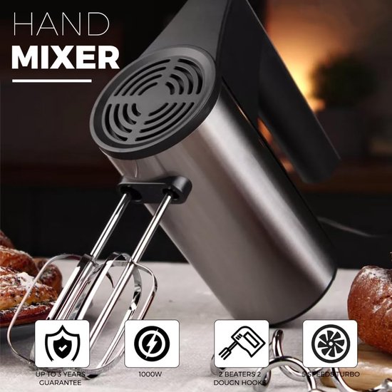 Handmixer Elektrische handgarde, 1000W roestvrijstalen handmixers voor bakken, Turbo Boost/zelfregelende snelheid + 5 snelheden + uitwerpknop + 4 roestvrijstalen accessoires voor eenvoudig kloppen van deeg en room van Merkloos
