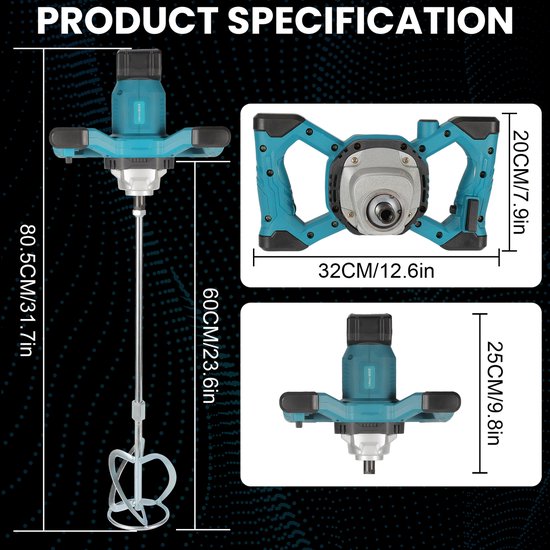 Handmixer Elektrische Menger - 6 Versnellingen - 130 Nm Koppel - Aluminium Behuizing - Voor Beton En Pleisterwerk - Draagbare Cementmixer