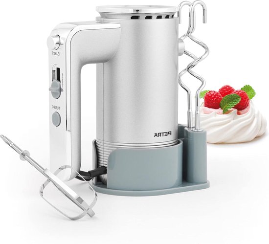 Handmixer met opbergbasis - 5 snelheden - Deeghaken - Kloppers - Turbofunctie - Uitwerpfunctie - Garde - Kneden - 300W - Zilver van Tristar
