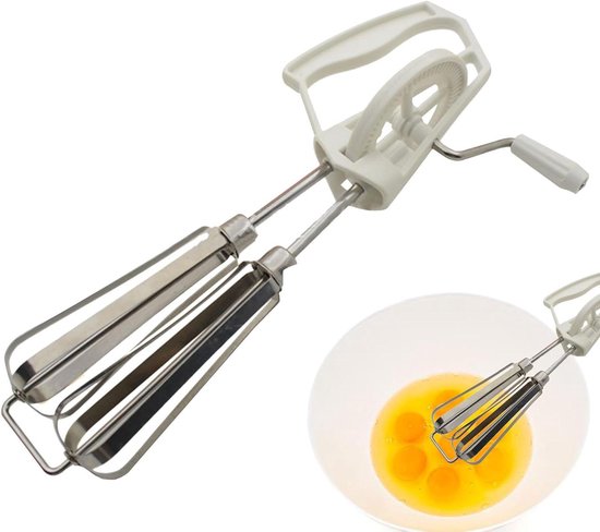 Handmixer met zwengel - Eiermixer keuken - Beslag kloppen - Handmatig gebruik geen stroom - 25 x 67 cm - Wit