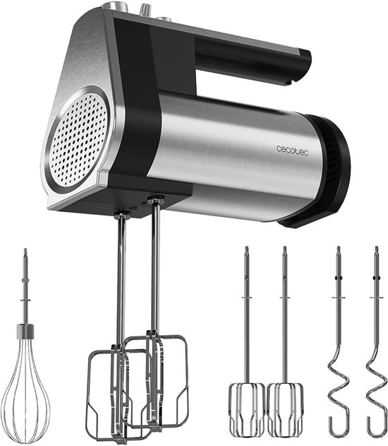 Handmixer PowerTwist 500 Full Steel. 500 W, 5 Snelheden plus Turbofunctie, 3 Accessoires: Klopgarde, Klopborstels en Deeghaken, Ergonomisch Ontwerp