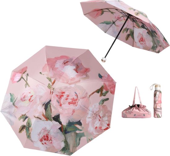 Handtas Paraplu met UPF50+ UV Bescherming, Lichtgewicht en Waterdicht, Retro Bloemenprint voor Vrouwen, Ideaal voor Zon en Wind van Merkloos