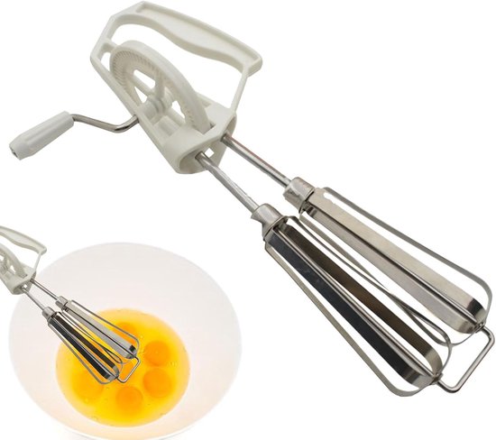 Handzwengel Mixer - Eierklopper Garde - Bakken en Koken - Twee Ronde Mengkoppen - 25x6.7cm - Wit