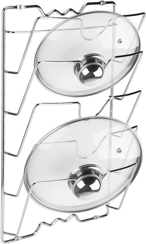 Hangende dekselhouder van roestvrij staal voor 5 deksels, verticale pottenhouder voor keuken, ruimtebesparend en georganiseerd voor pannen en schalen, 43.5 × 27.8 × 9.7 cm