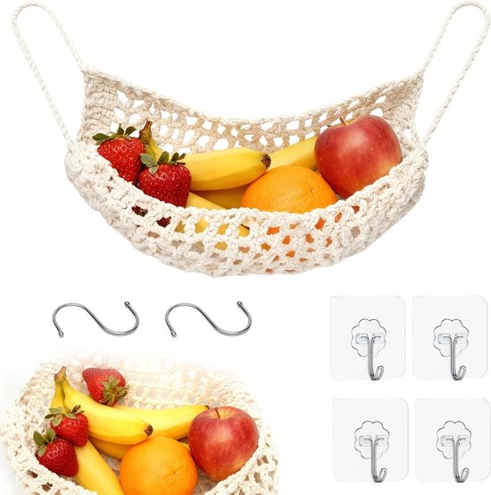 Hanging Fruit Basket - Macrame Fruit Hammock met 4 Haken en 2 Opslaghaken voor Keuken en Thuis, Ideaal voor Vers Fruit en Decoratie