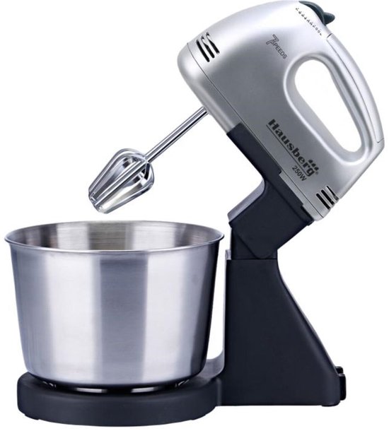 Hausberg HB-3551NG Mixer met Mengkom – 250W – 7 snelheden – 2L RVS kom – Inclusief 2 kloppers & 2 deeghaken – Koperen motor – Compact & krachtig van Hausberg